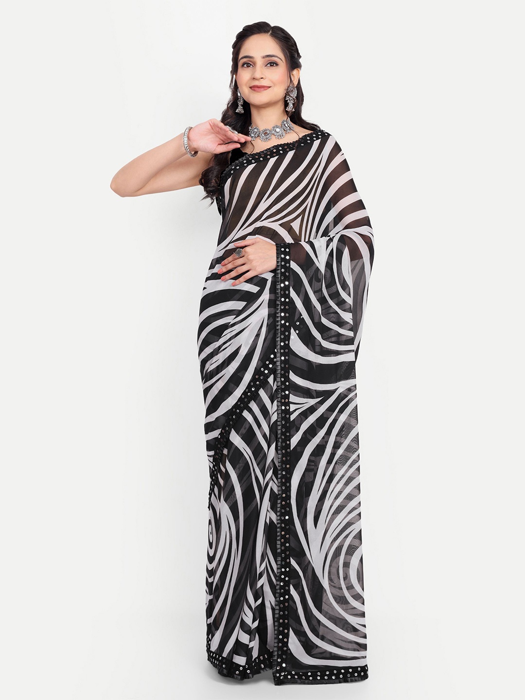 

The Textile Hub Striped Abstract Printed Saree, Black