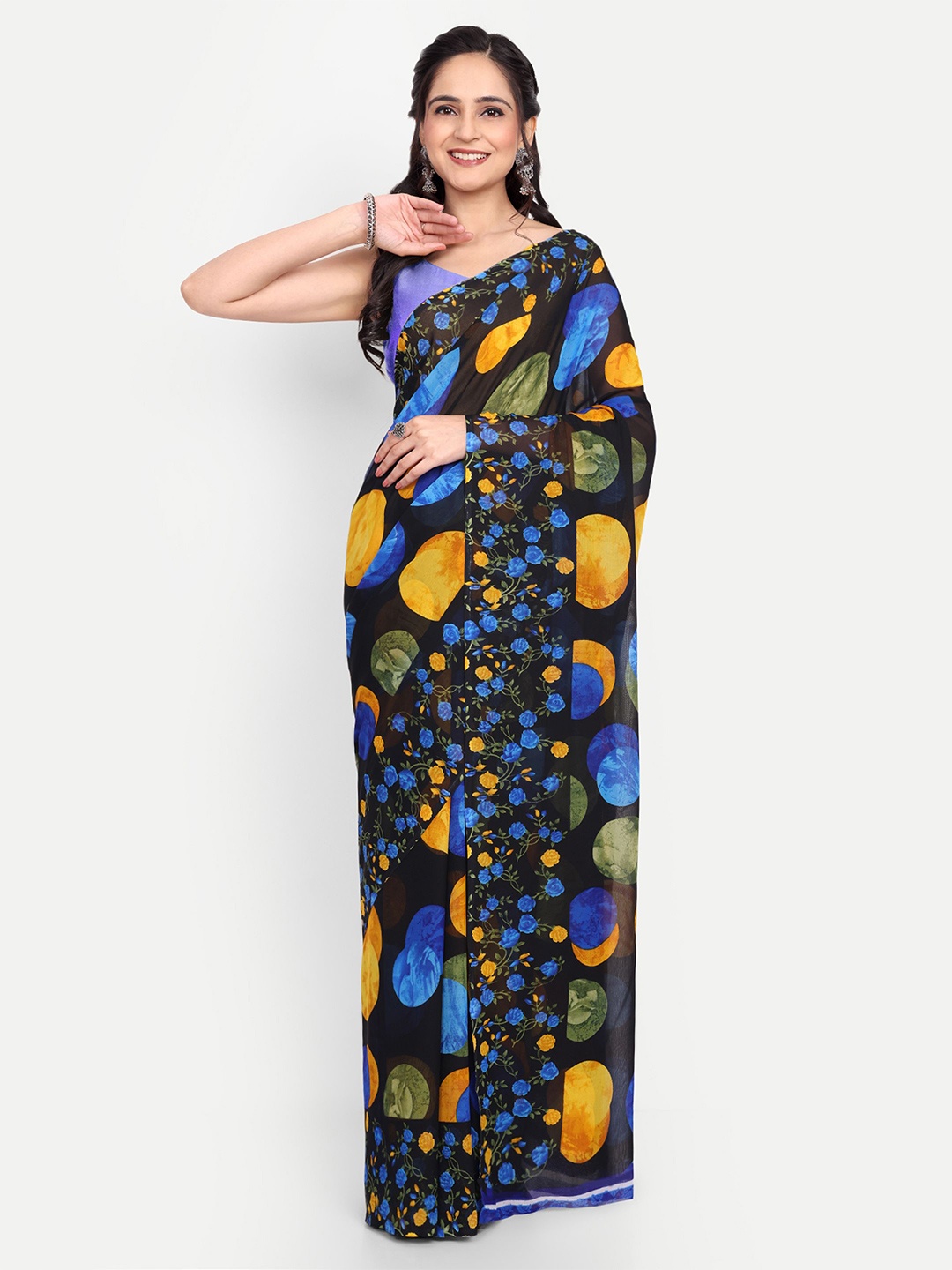 

The Textile Hub Polka Dot Bandhani Saree, Blue