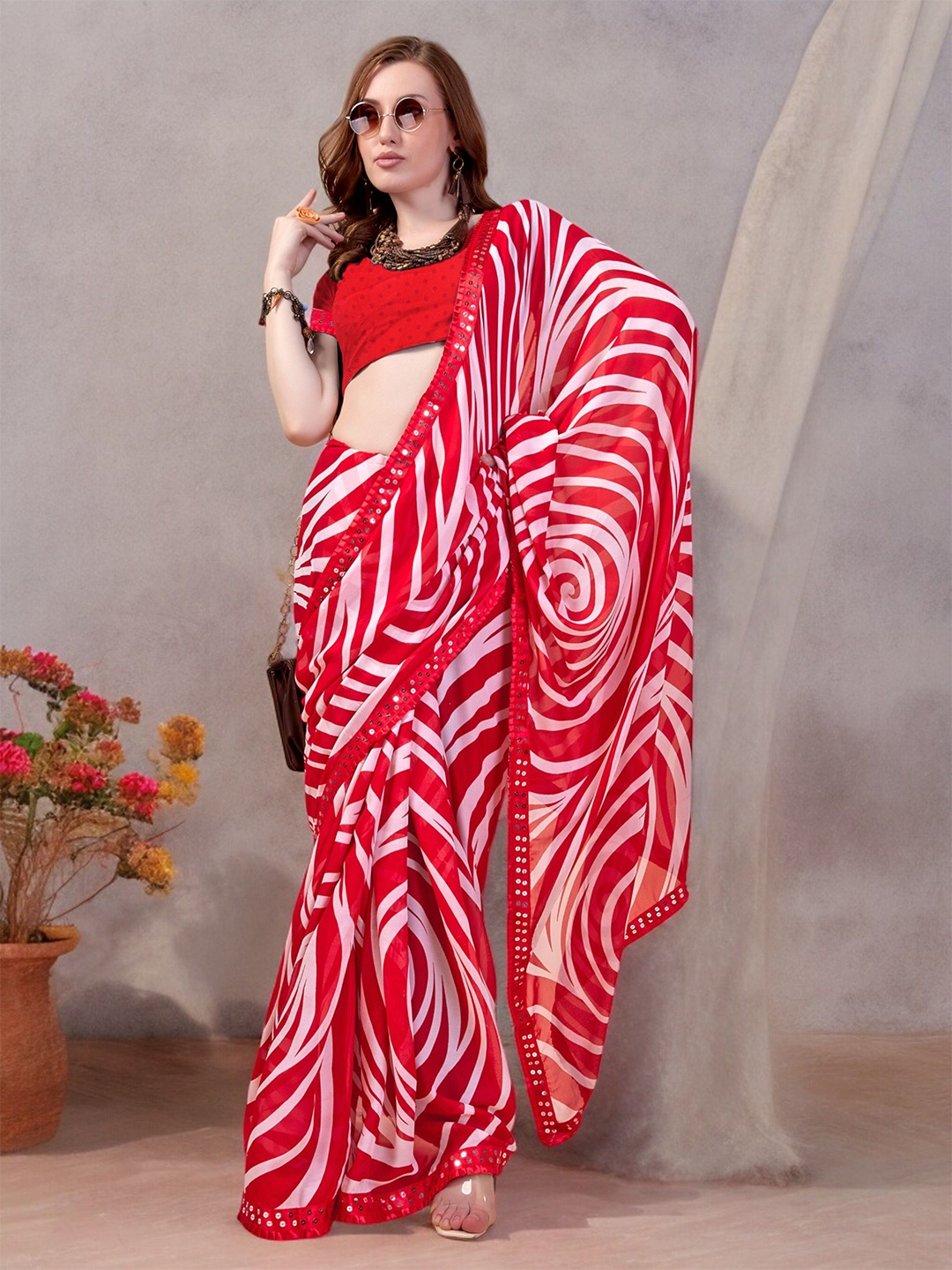 

The Textile Hub Printed Sequinned Leheriya Saree, Red