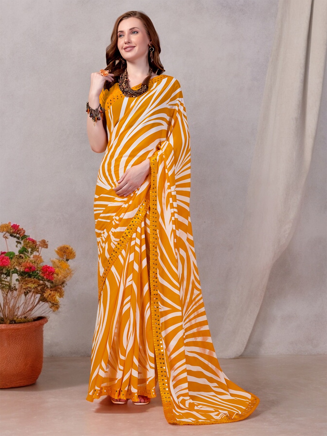 

The Textile Hub Sequinned Leheriya Saree, Yellow