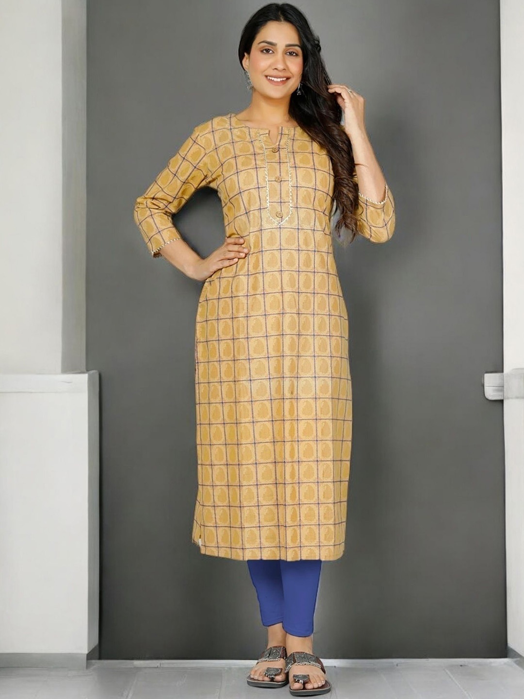 

Jevi Prints Checked Notch Neck Gotta Patti Cotton Straight Kurta, Brown