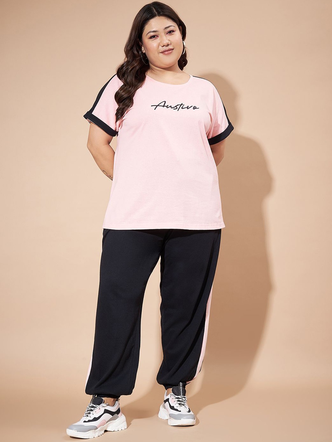 

AUSTIVO Plus Size Typography Printed Round Neck Short Sleeves T-Shirt With Joggers, Pink