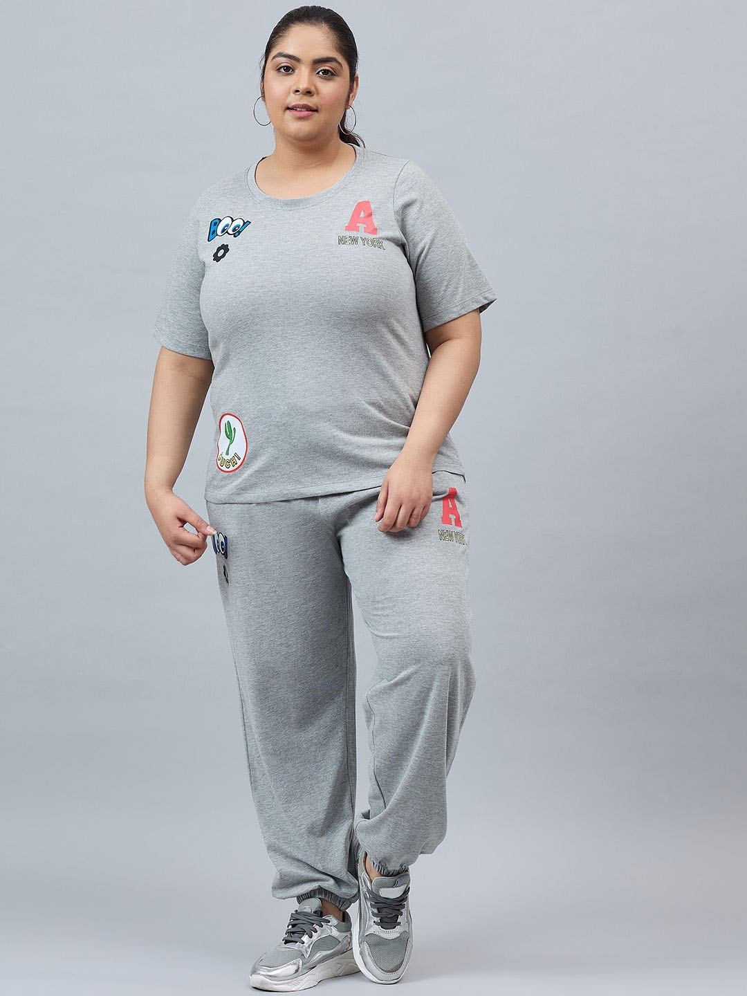 

AUSTIVO Plus Size Conversational Printed Round Neck Short Sleeves T-Shirt With Joggers, Grey