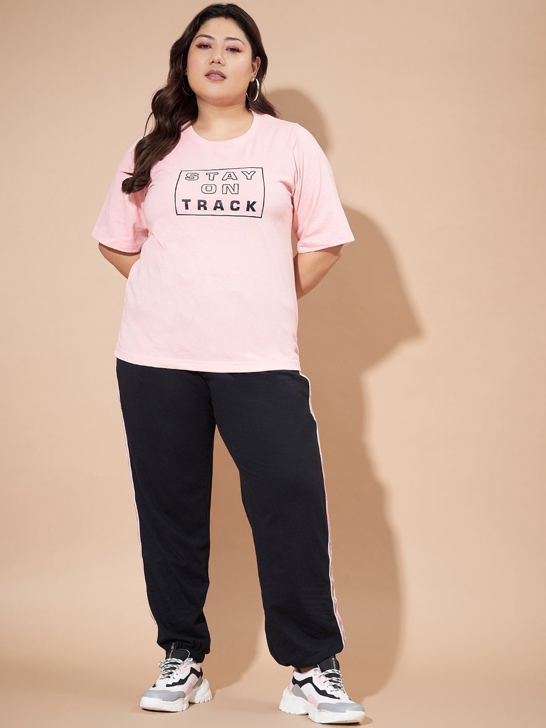 

AUSTIVO Plus Size Typography Printed Round Neck Short Sleeves T-Shirt With Joggers, Pink