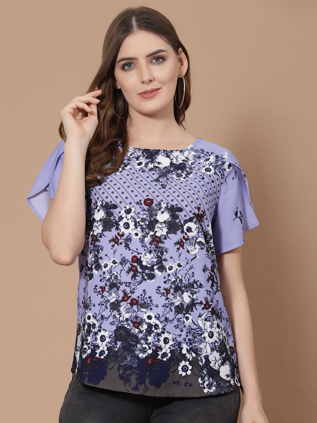 

HOUSE OF KKARMA Floral Print Women Flared Sleeves Regular Top, Lavender