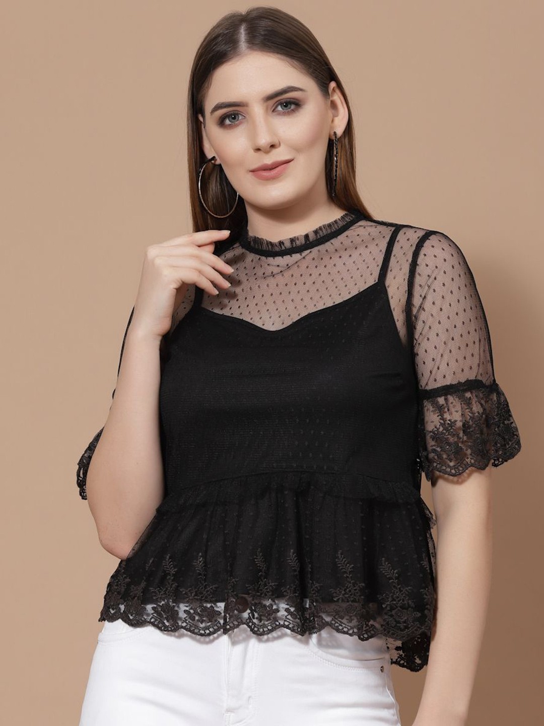 

HOUSE OF KKARMA Self Design Net Women Top, Black