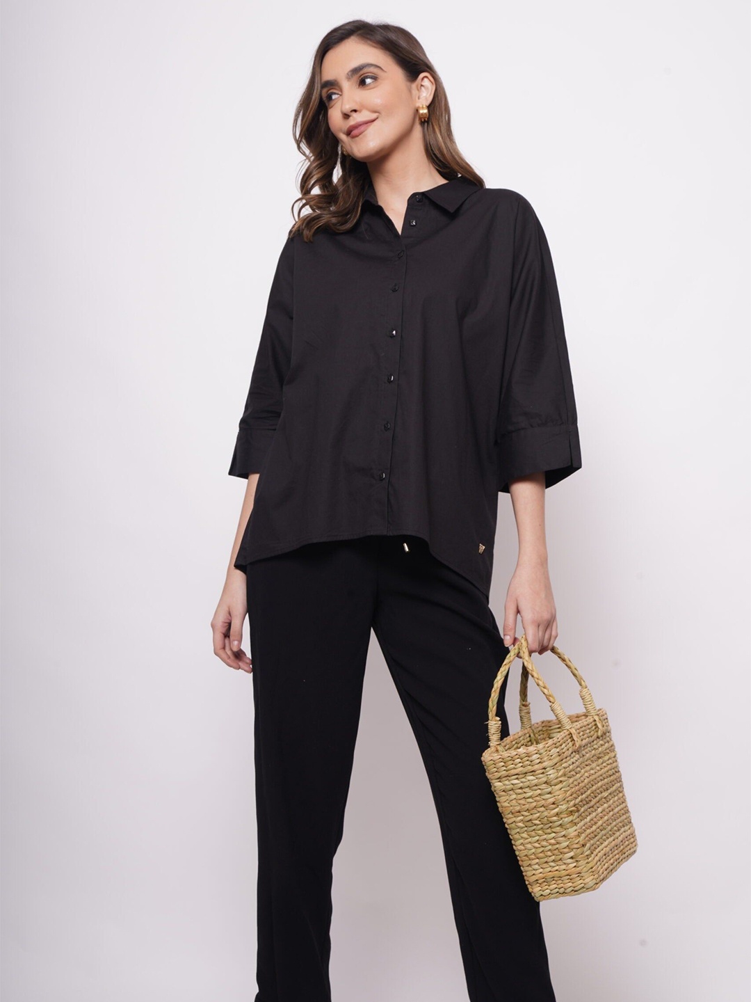 

Western Era Kimono Sleeve Cotton Shirt Style Top, Black