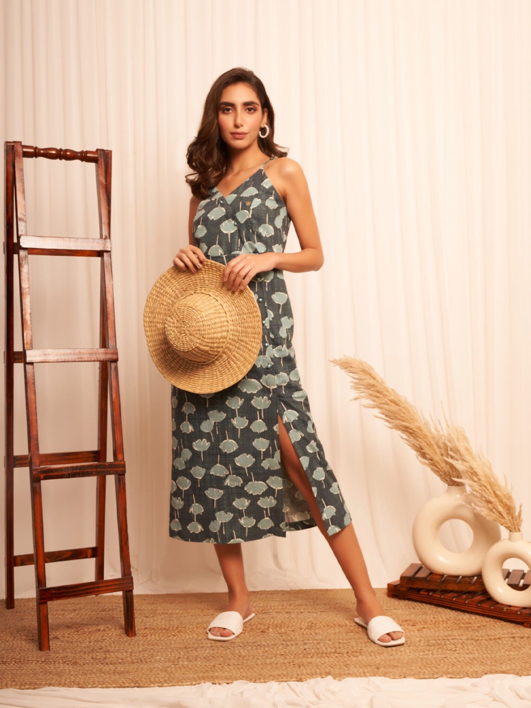 

Western Era Women Print A-Line Midi Dress, Teal