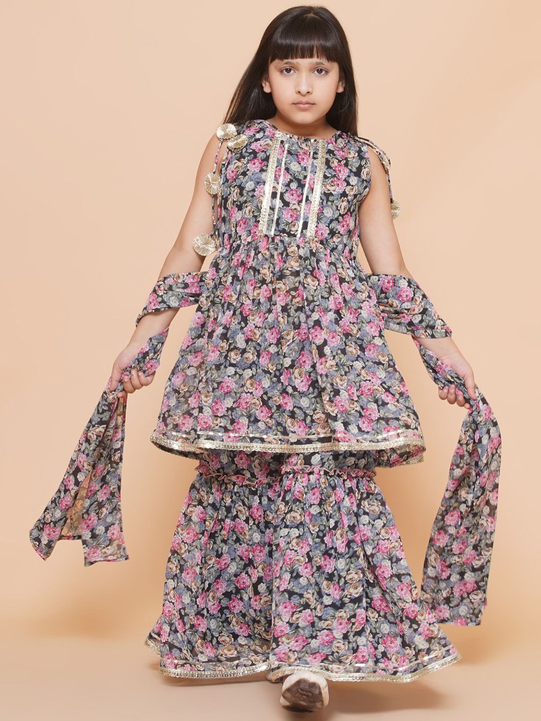 

Modish Couture Girls Floral Printed Gotta Patti Georgette A-Line Kurta & Sharara & Dupatta, Black