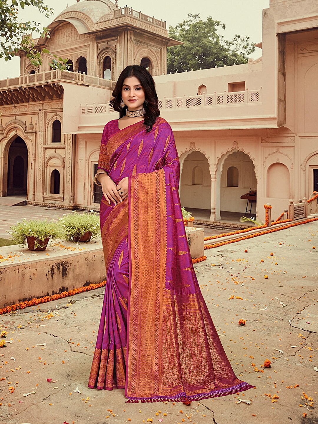 

Pionex Woven Design Zari Pure Silk Banarasi Saree, Pink