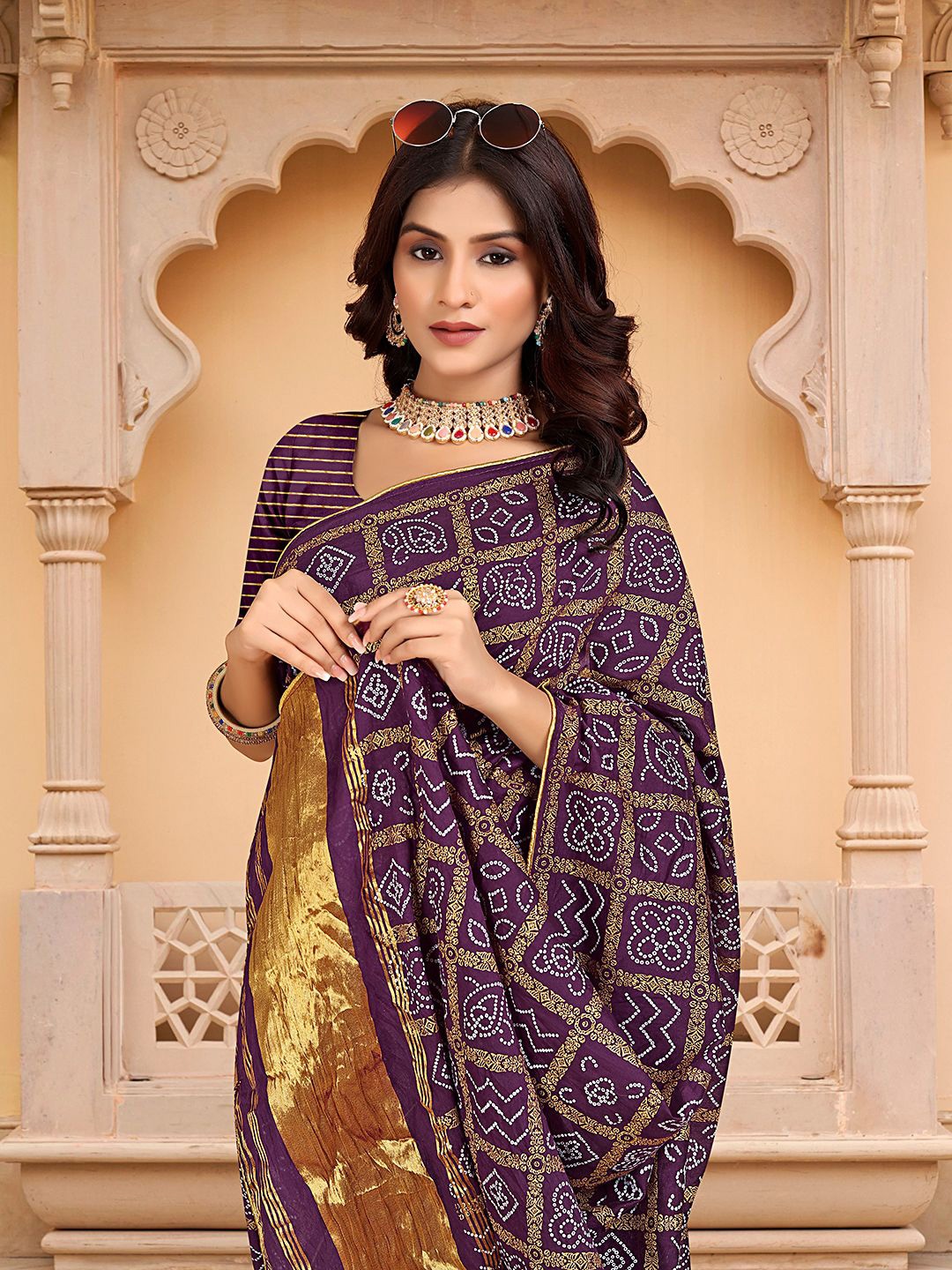 

Pionex Bandhani Printed Zari Patola Saree, Purple