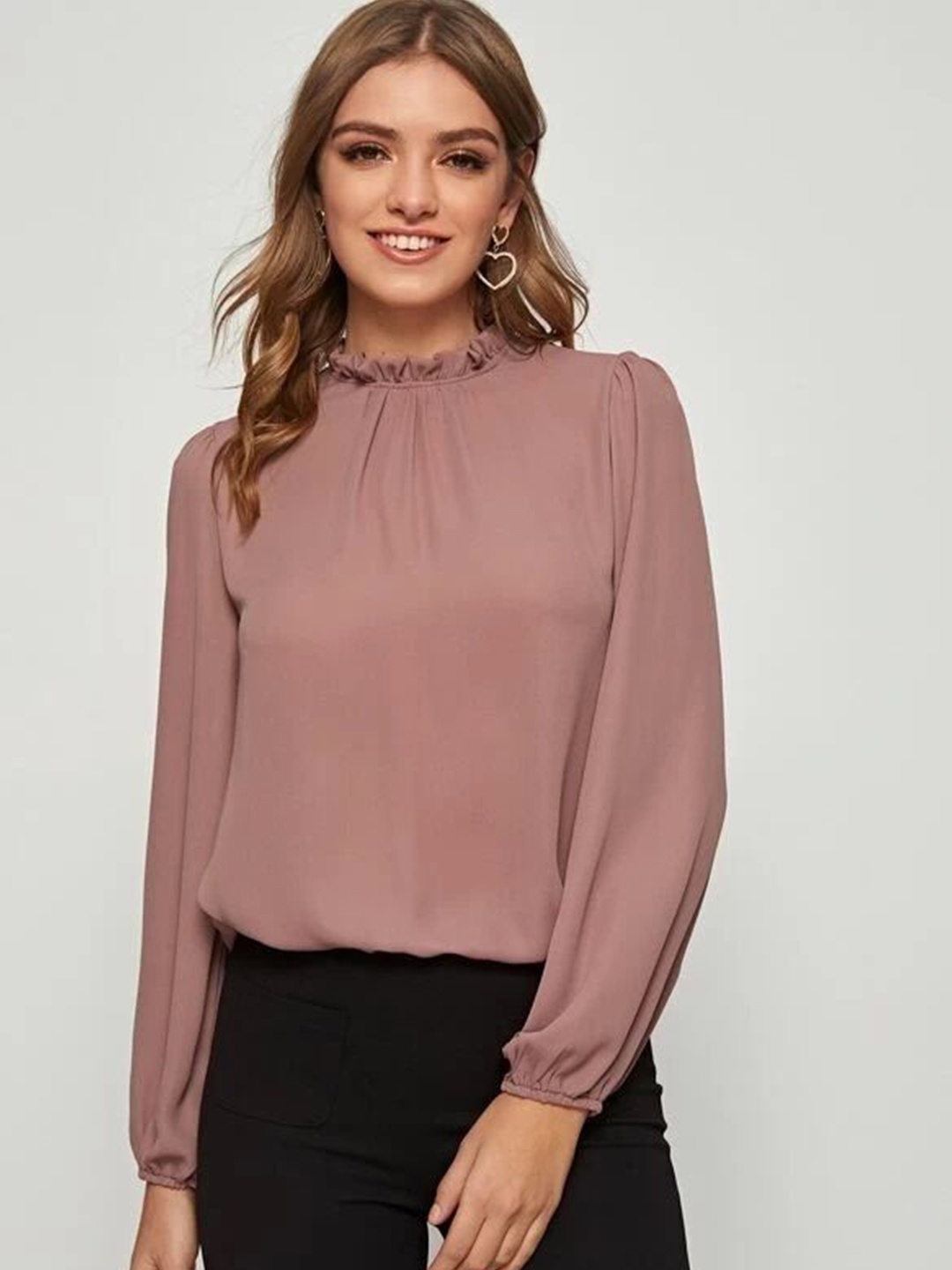 

FNOCKS Solid High Neck Puff Sleeves Cotton Top, Pink