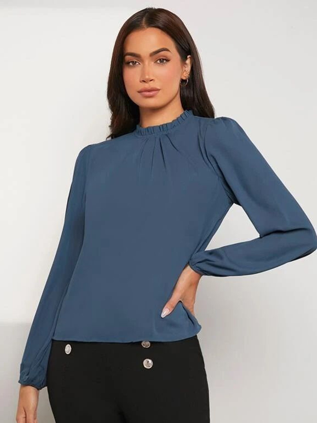 

FNOCKS Solid High Neck Puff Sleeves Cotton Top, Blue