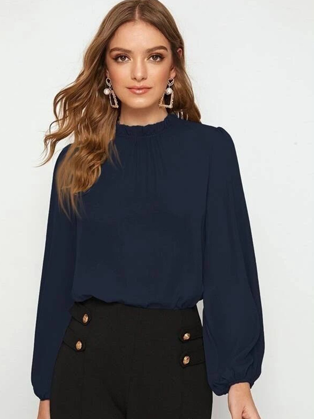 

FNOCKS Puff Sleeve Applique Cotton Blouson Top, Navy blue