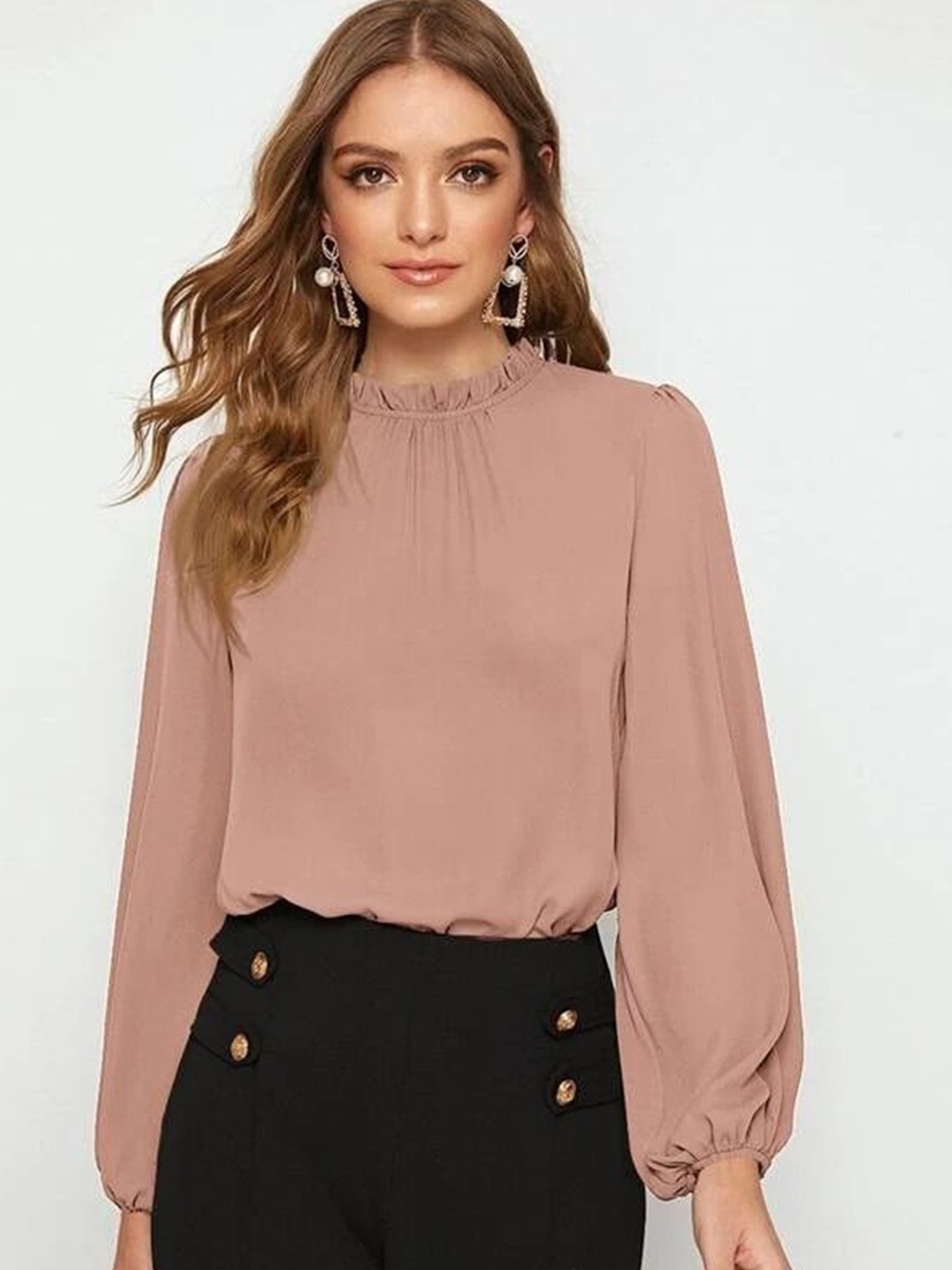 

FNOCKS Puff Sleeve Applique Cotton Blouson Top, Peach