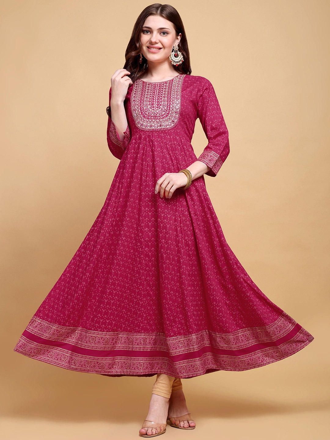 

JAFFRY EMBROIDERY Ethnic Motifs Yoke Design Thread Work Anarkali Kurta, Pink