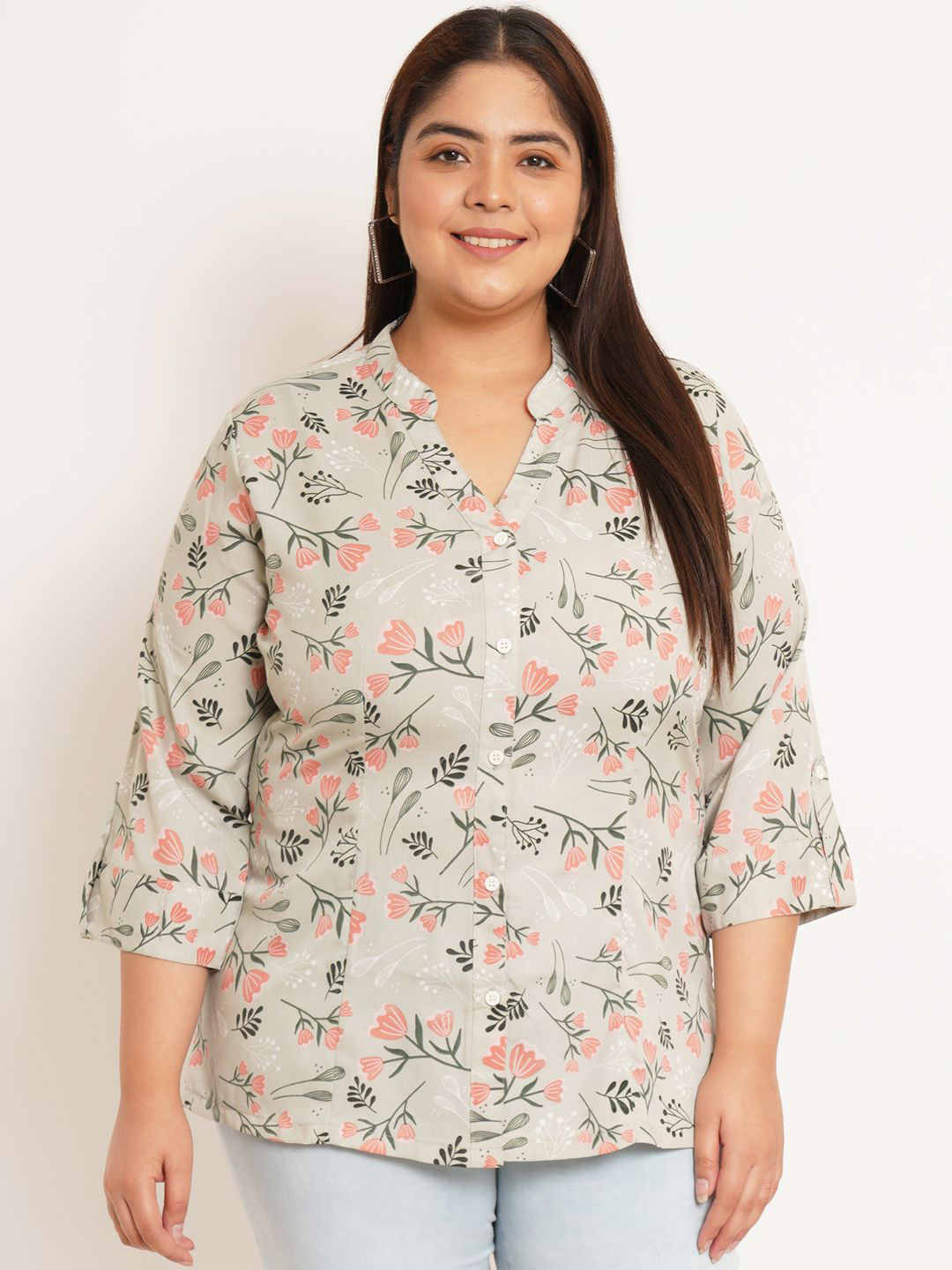 

U&F Beyond Floral Print Mandarin Collar Crepe Shirt Style Top, Cream