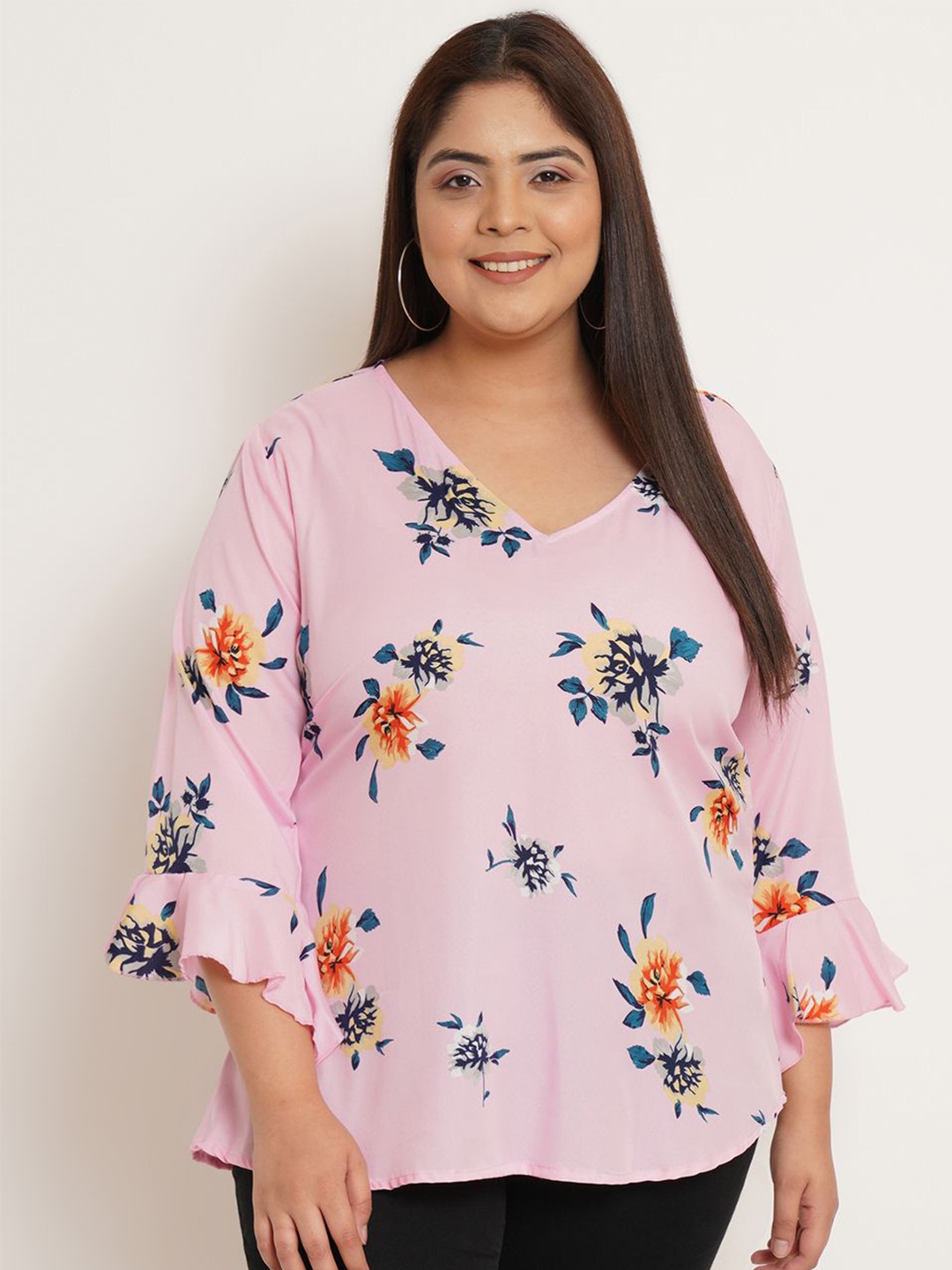 

U&F Beyond Floral Print Bell Sleeve Crepe Top, Pink