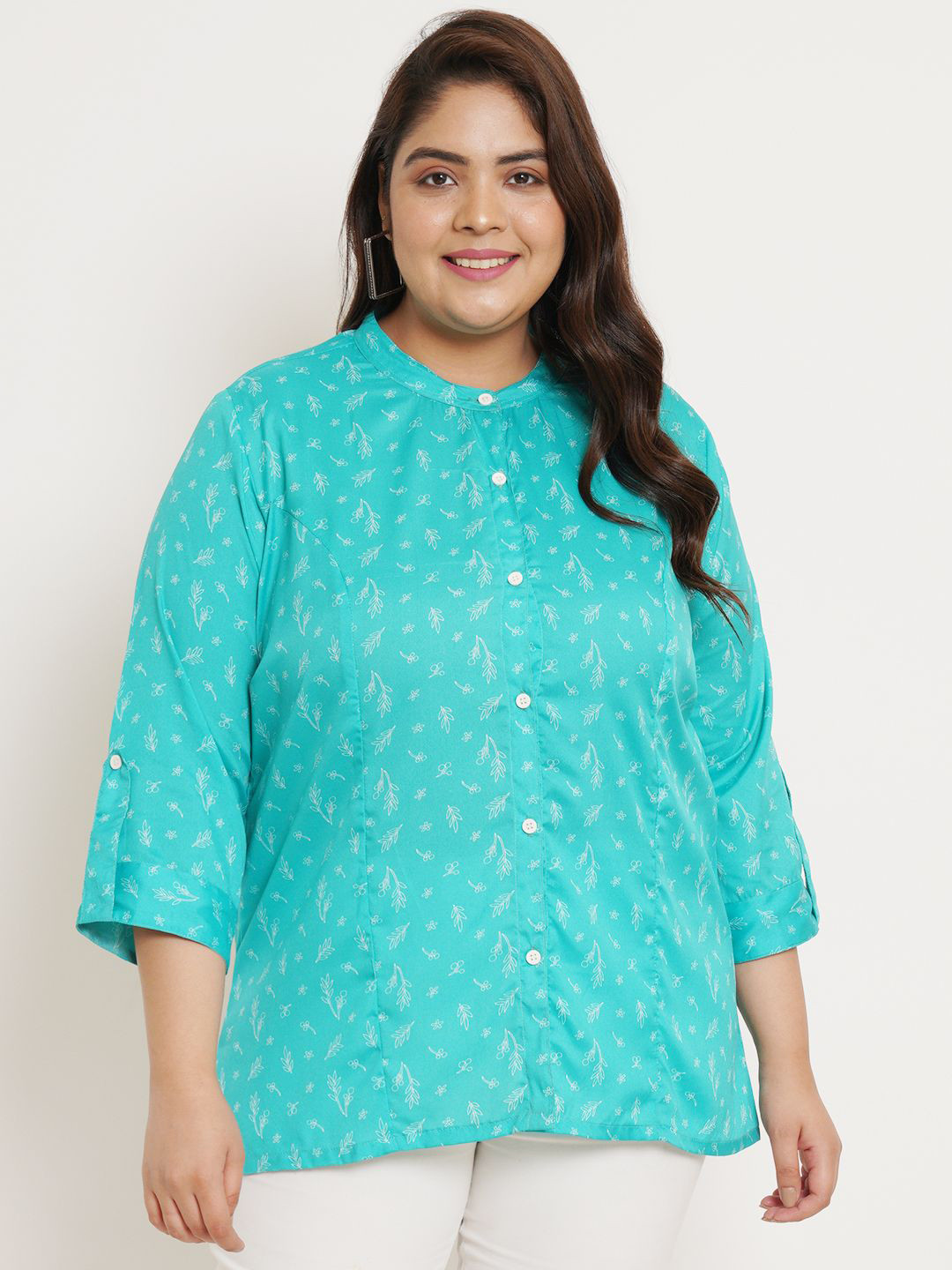 

U&F Beyond Geometric Print Mandarin Collar Crepe Shirt Style Top, Turquoise blue