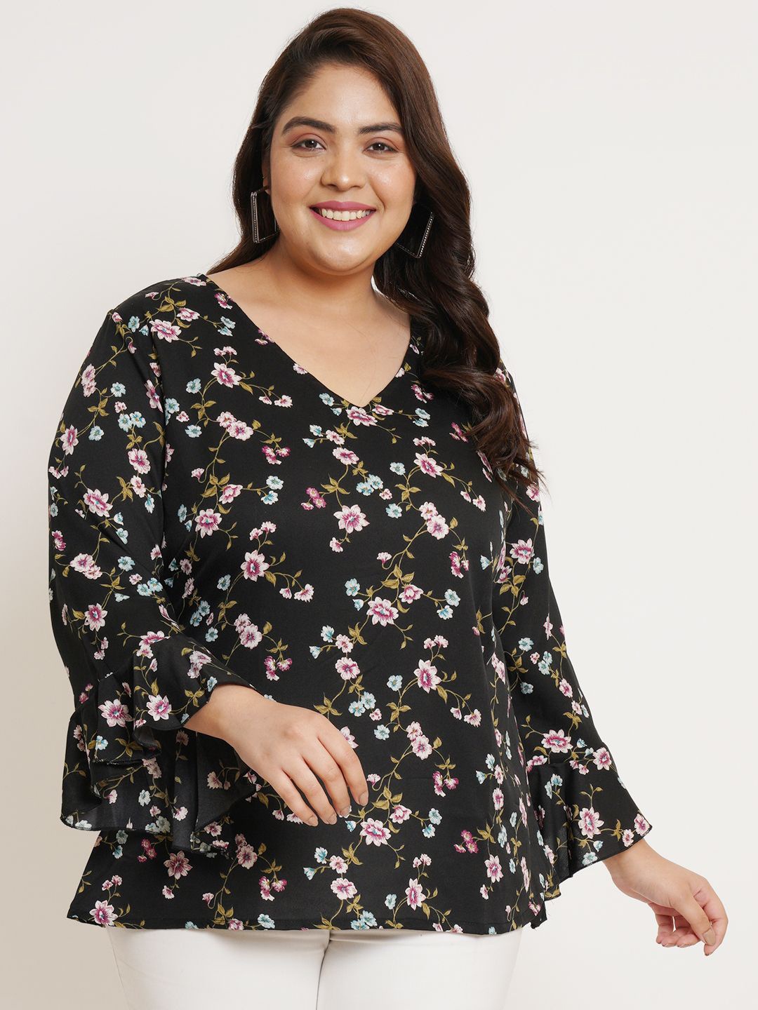 

U&F Beyond Floral Print Bell Sleeve Crepe Top, Black