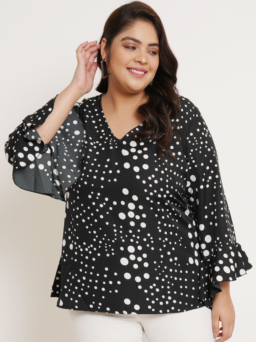 

U&F Beyond Polka Dot Print V-Neck Cinched Waist Plus Size Top, Black