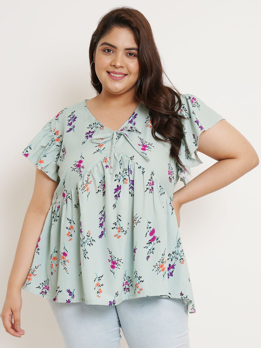 

U&F Beyond Floral Print Flutter Sleeve Crepe Empire Top, Green