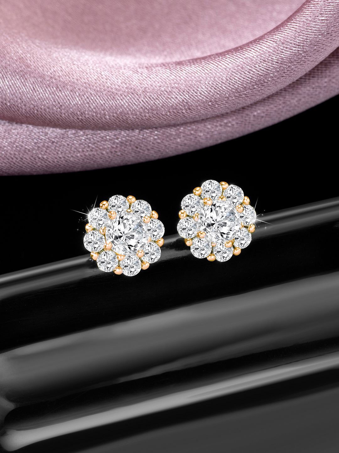 Peora Gold Plated Cubic Zirconia Circular Stud Earrings