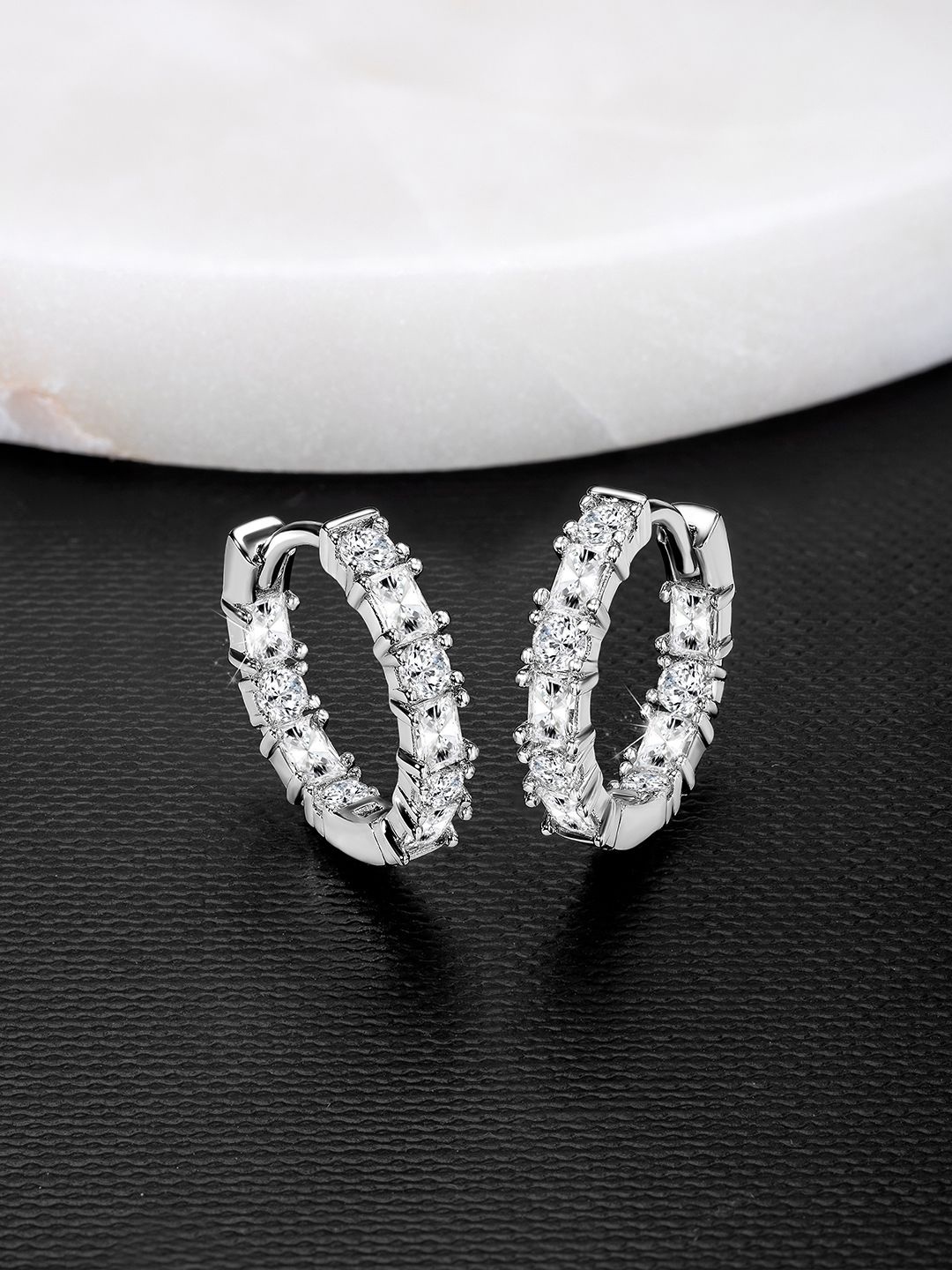 

Peora Silver-Plated Contemporary Cubic Zirconia Hoop Earrings