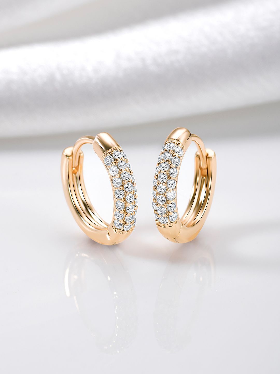 Peora Gold-Plated Brass Cubic Zirconia Contemporary Shaped Hoop Earrings