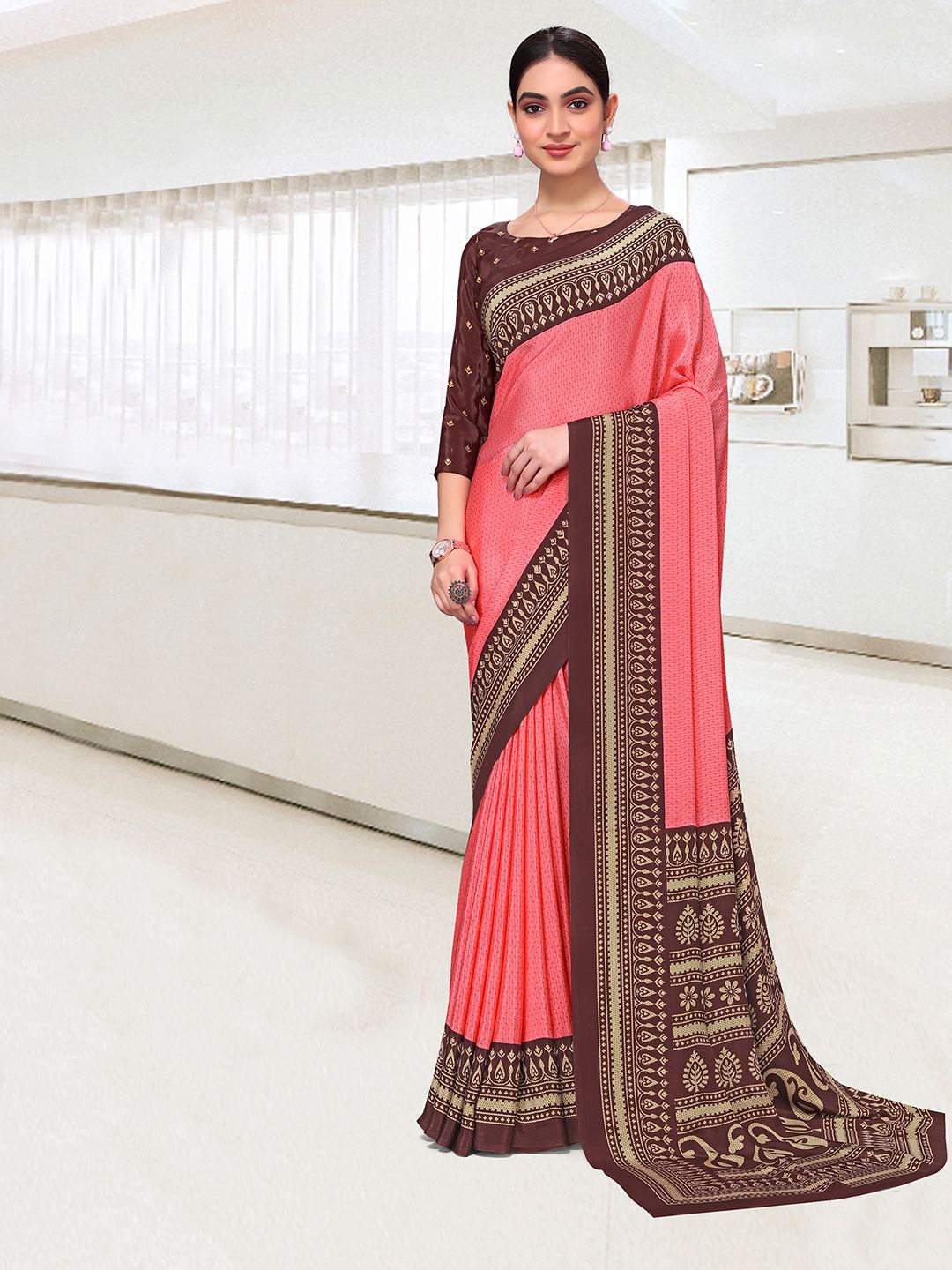 

Mitera Dabu Pure Crepe Maheshwari Saree, Brown