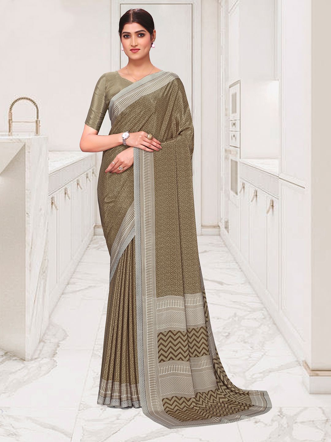 

Mitera Ethnic Motifs Pure Crepe Maheshwari Saree, Cream