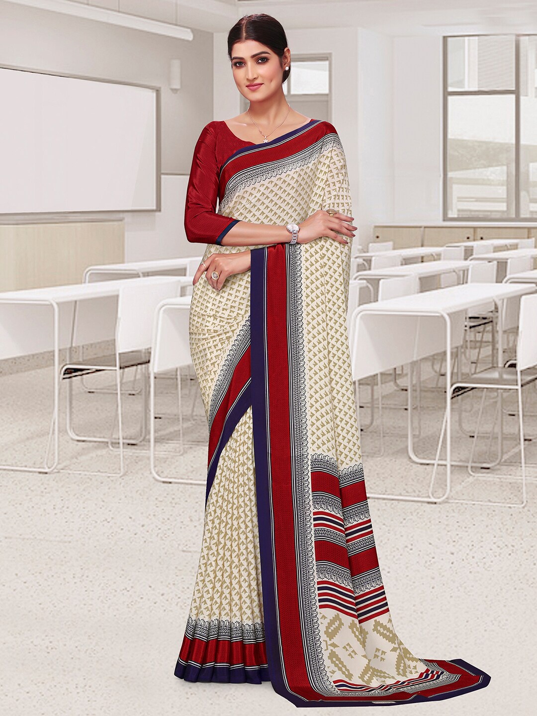 

Mitera Ethnic Motifs Pure Crepe Saree With Blouse Piece, Red