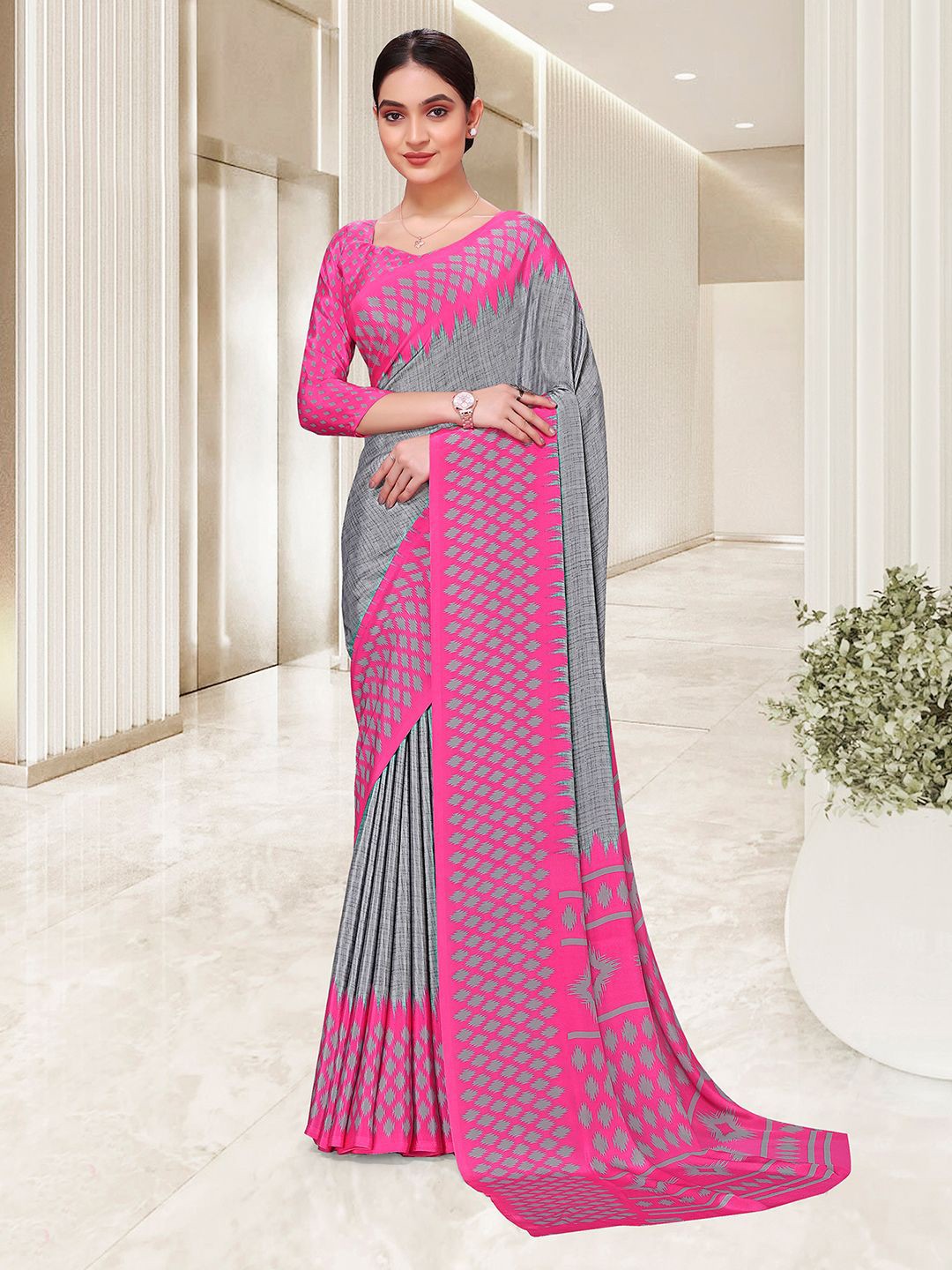 

Mitera Pure Crepe Maheshwari Saree, Grey