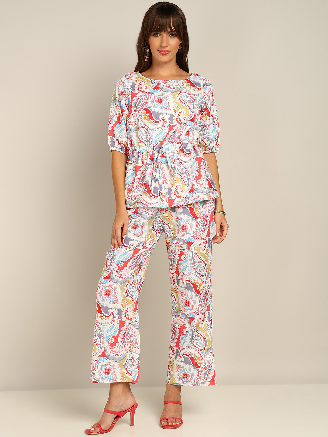 

Fashfun Ethnic Motifs Printed Boat-Neck Bishop Sleeves Top & Trousers, White