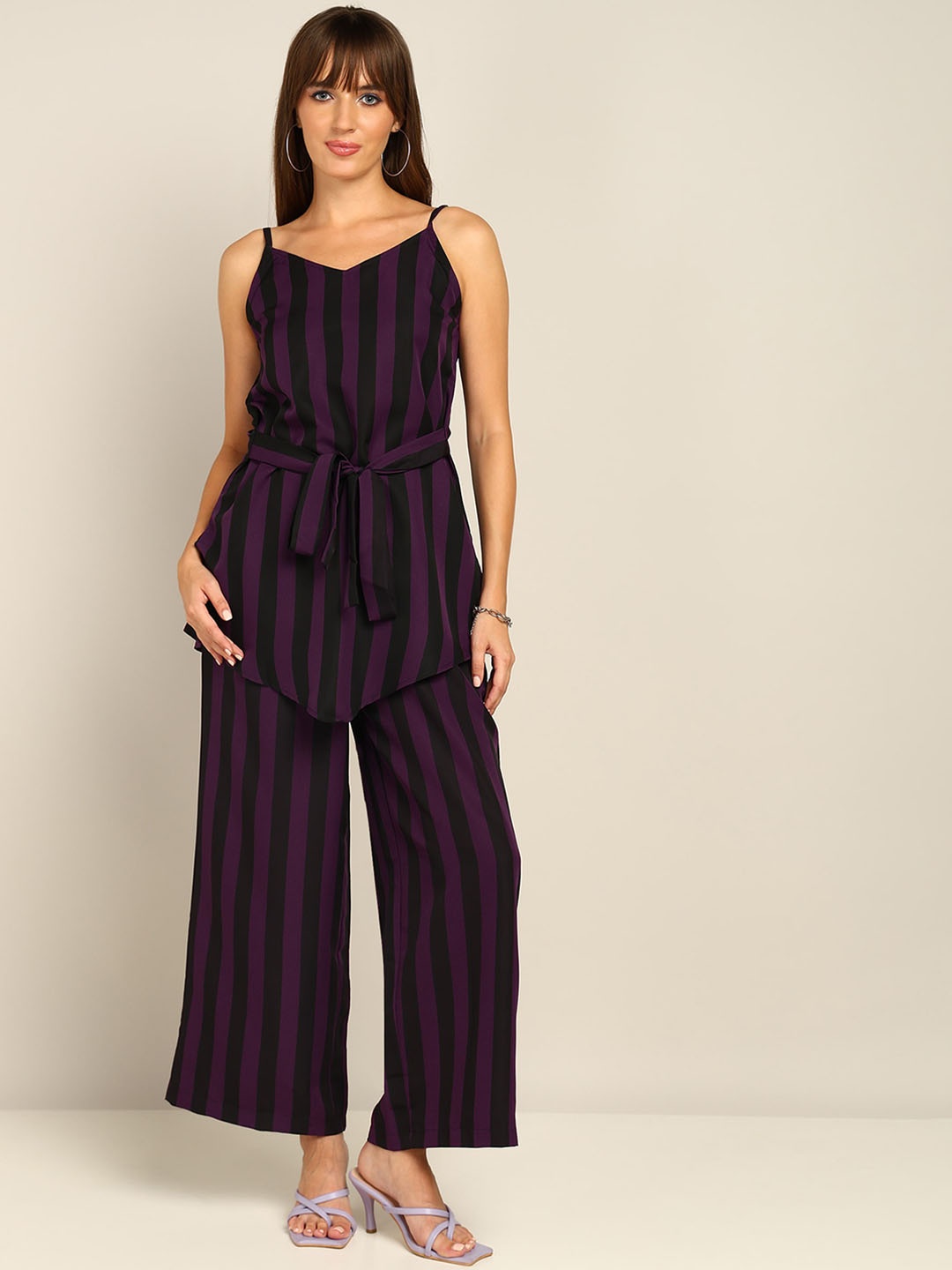 

Fashfun Striped Shoulder Straps Belted Asymmetric Longline Casual Top With Palazzos, Purple