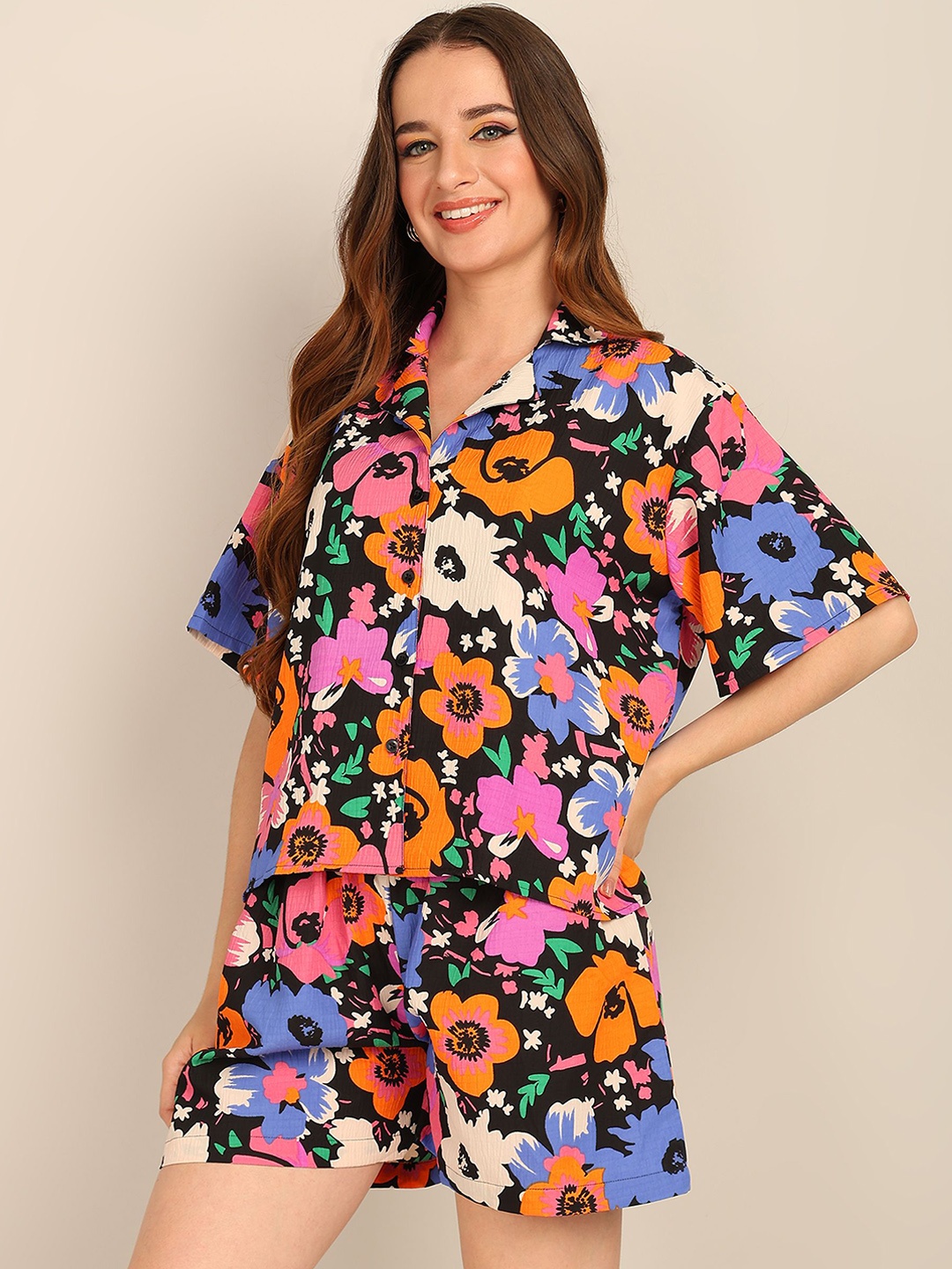 

Fashfun Floral Printed Short Sleeves Shirt & shorts, Blue