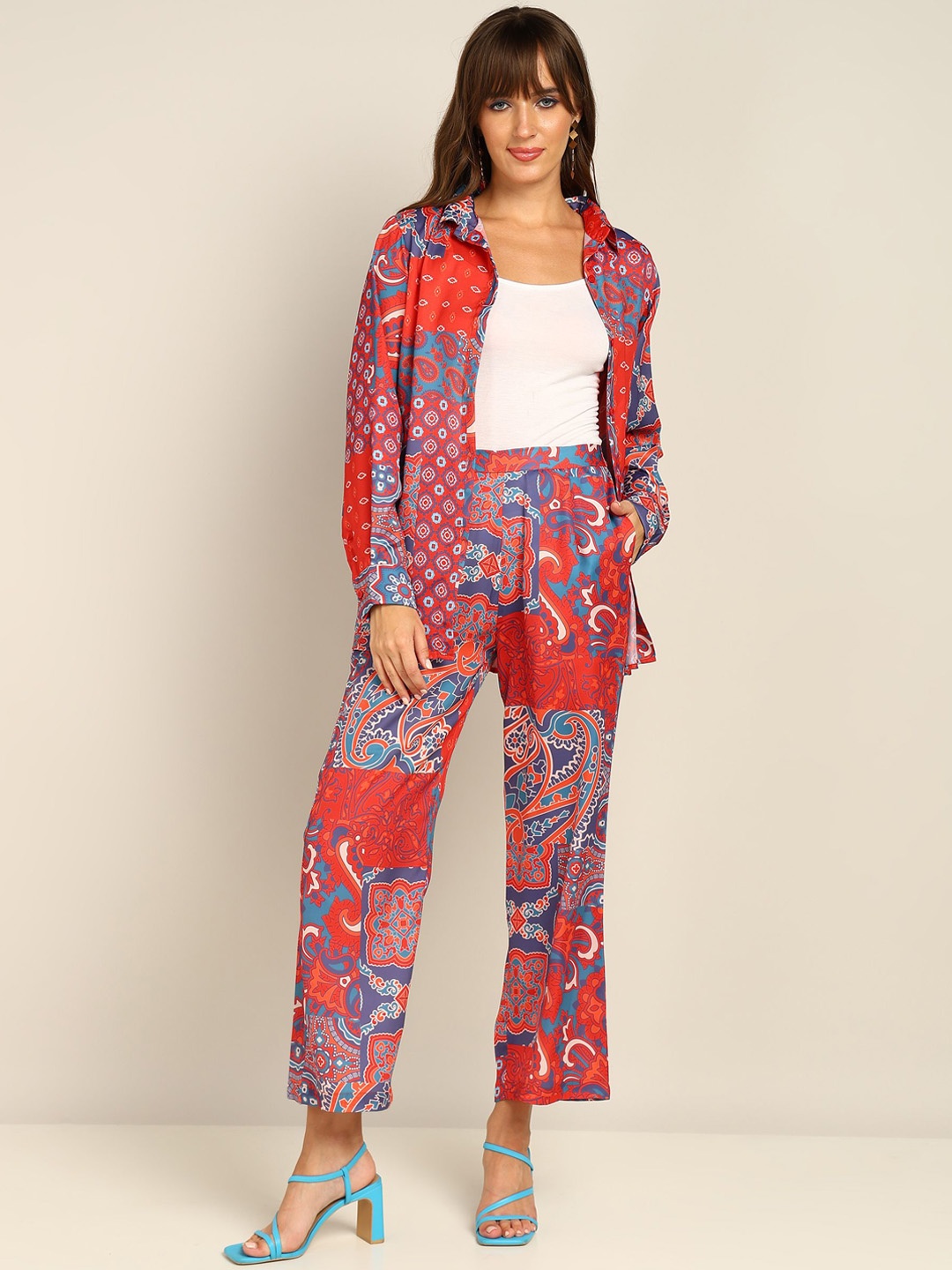 

Fashfun Ethnic Motifs Printed Cuffed Sleeves Shirt & Trousers, Red