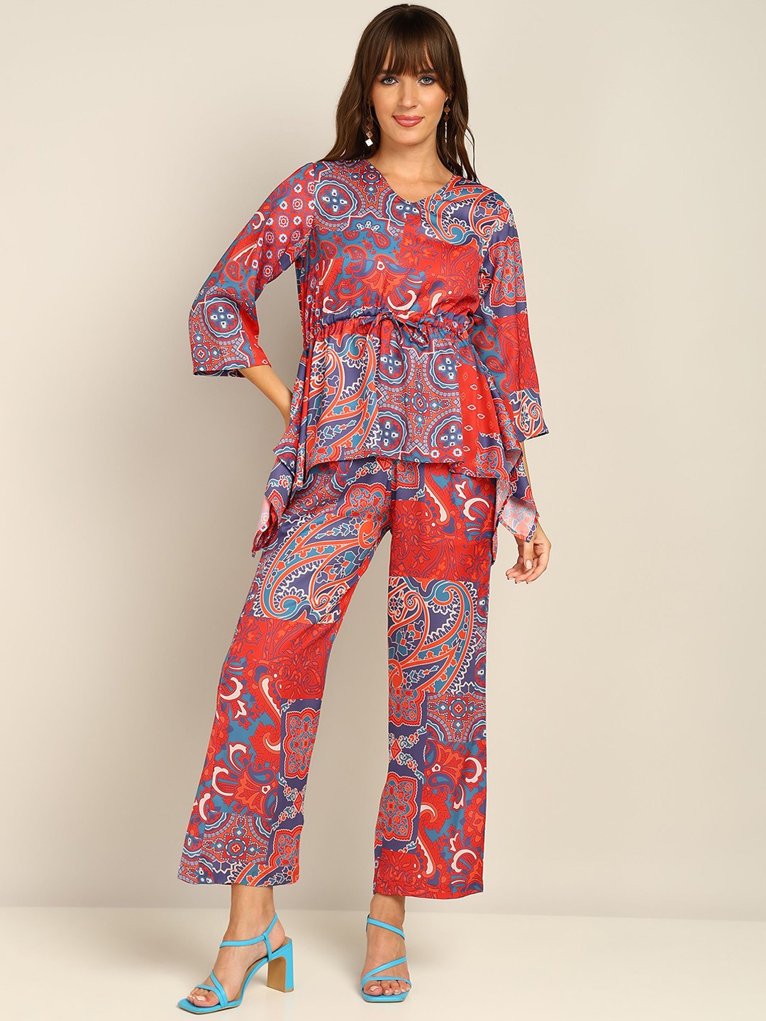 

Fashfun Ethnic Motifs Printed V-Neck Asymmetric Casual Top With Trousers, Red
