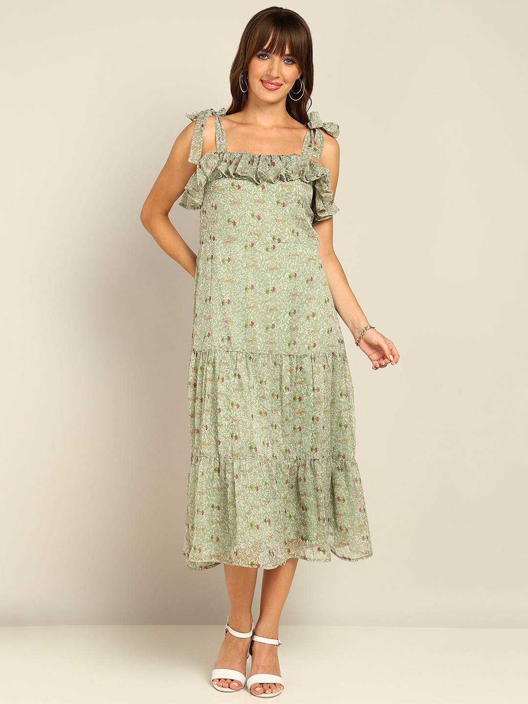 

Fashfun Floral Print Chiffon Midi Dress, Green