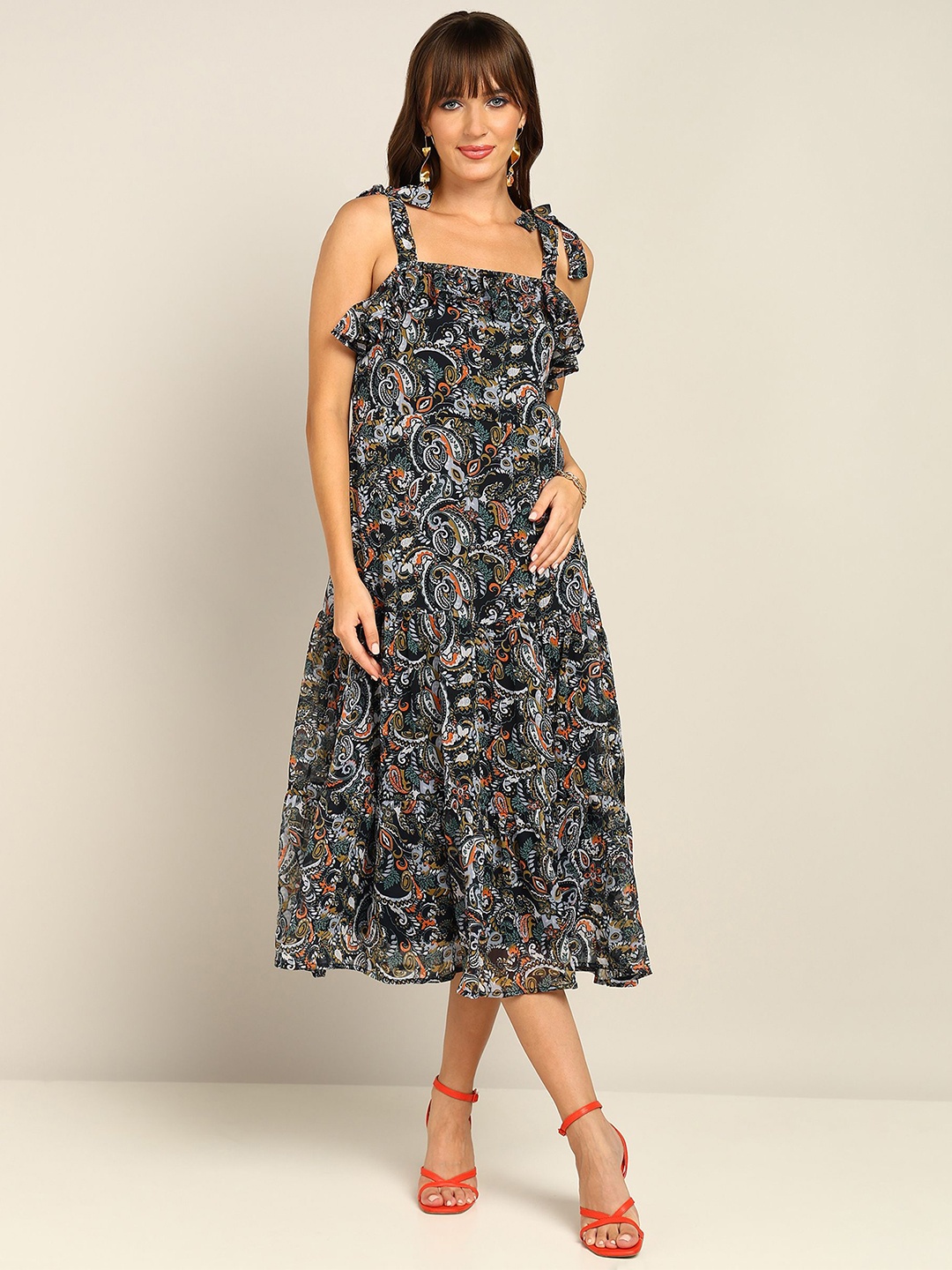 

Fashfun Women Floral Print Chiffon Fit & Flare Midi Dress, Black