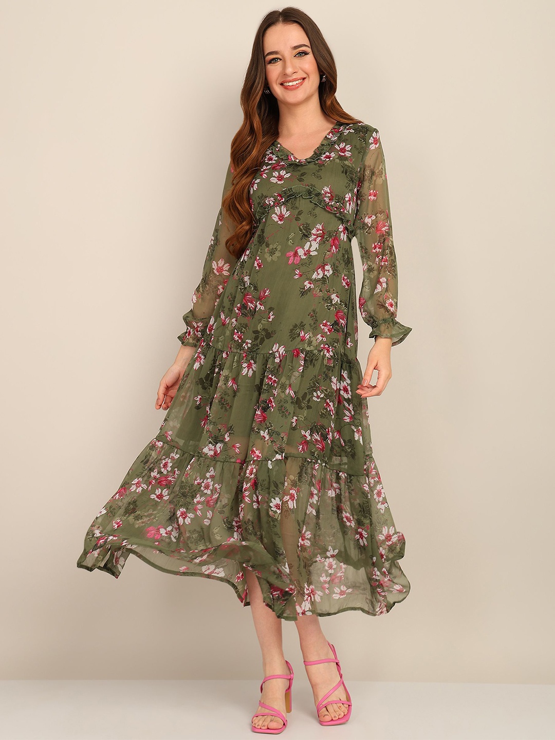 

Fashfun Floral Print A-Line Midi Dress, Green