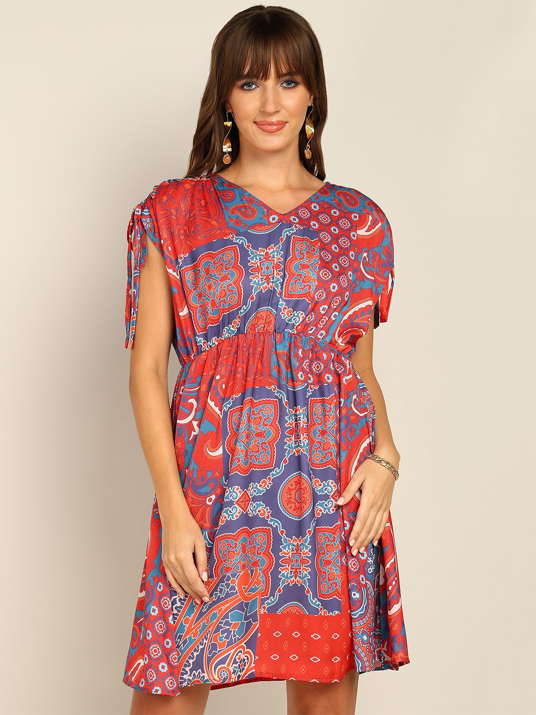 

Fashfun Ethnic Motifs Print Crepe A-Line Dress, Red