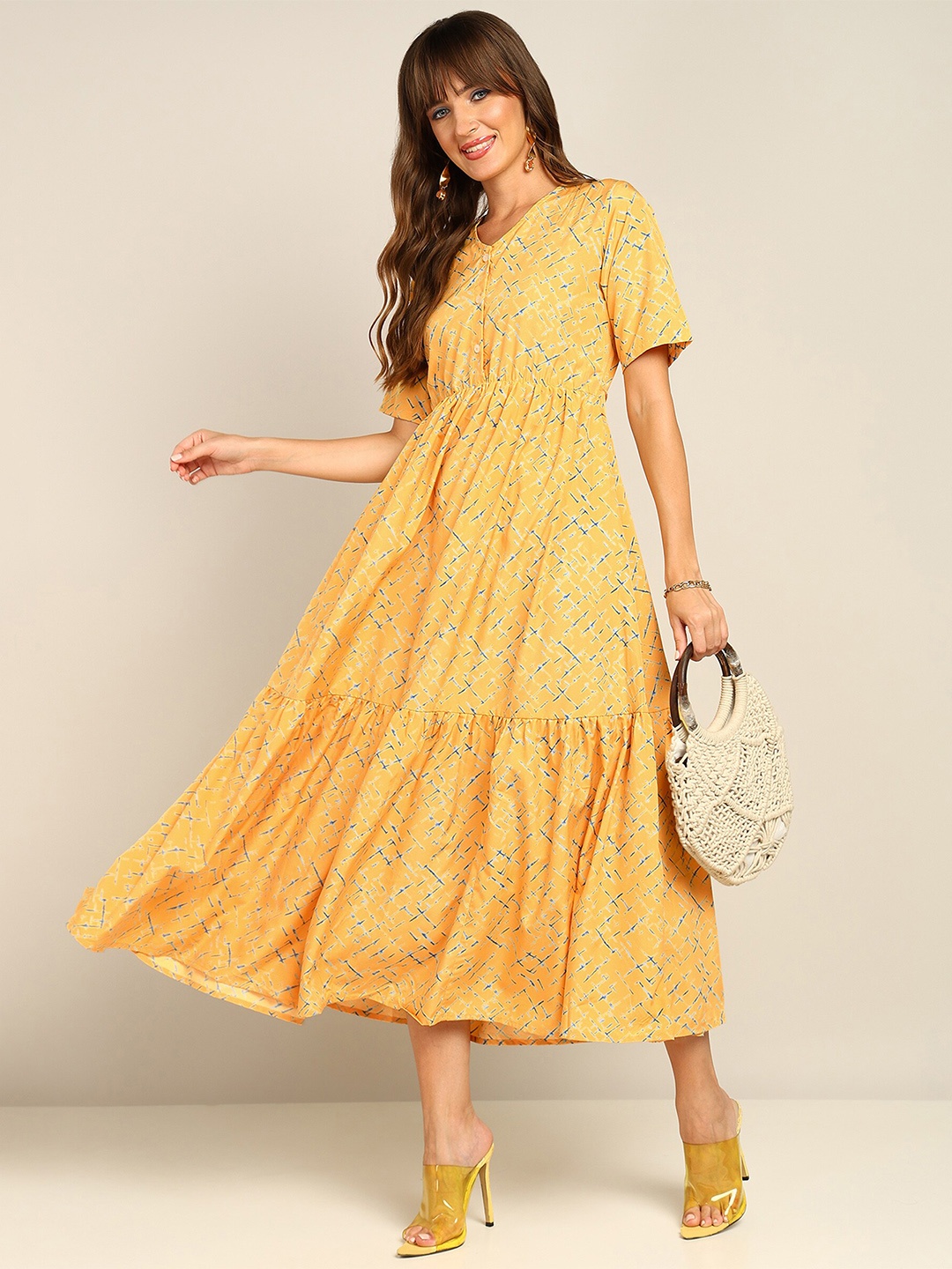 

Fashfun Ethnic Motifs Print Crepe A-Line Midi Dress, Yellow