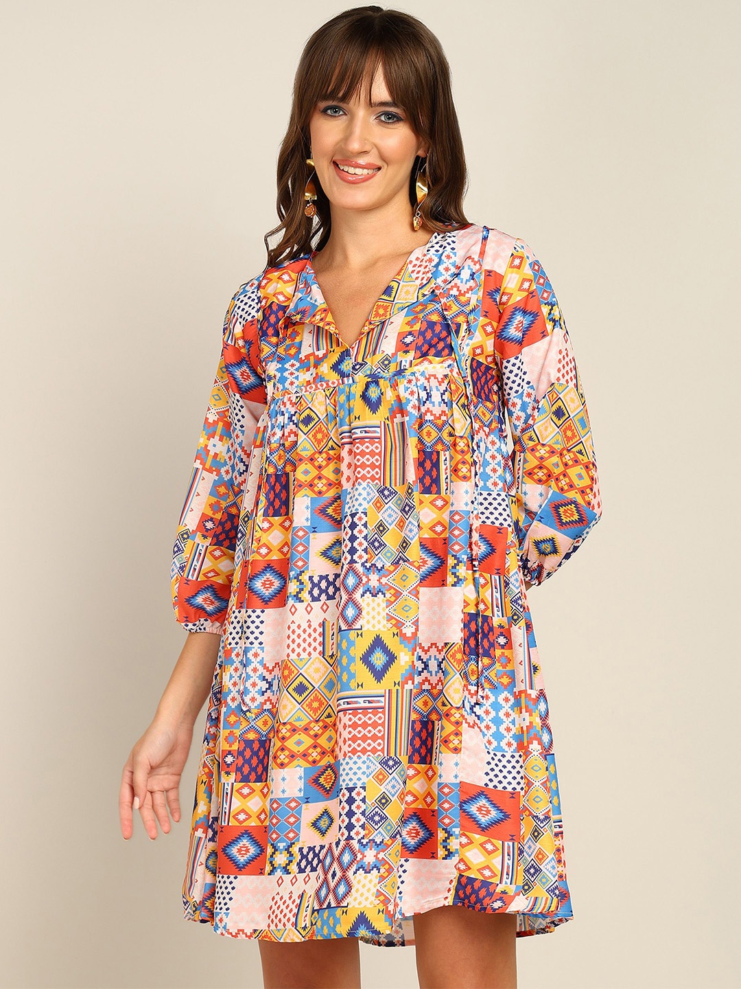 

Fashfun Ethnic Motifs Print Tie-up Neck A-Line Dress, Multi
