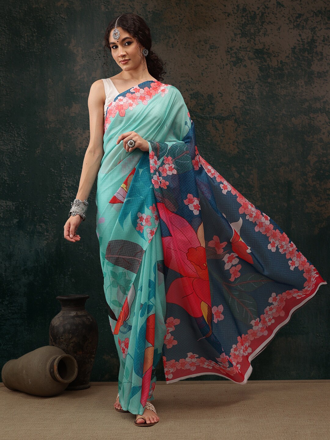 

Silk Land Floral Chanderi Digital Print Saree, Teal