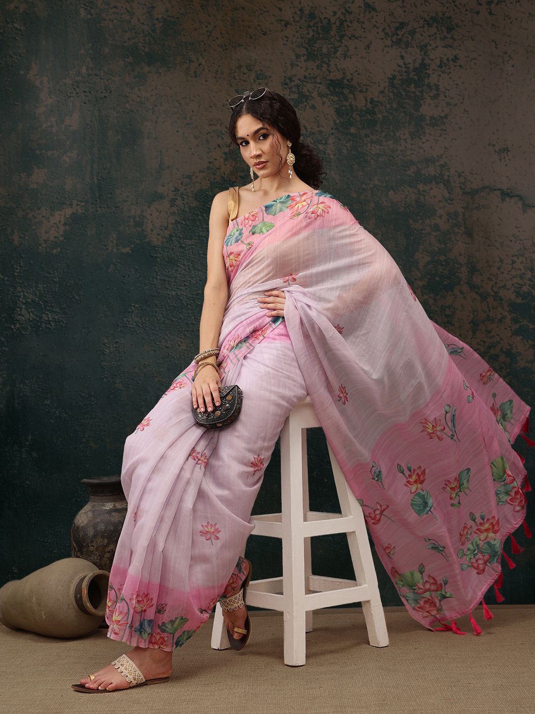 

Silk Land Floral Chanderi Saree With Tassels, Pink