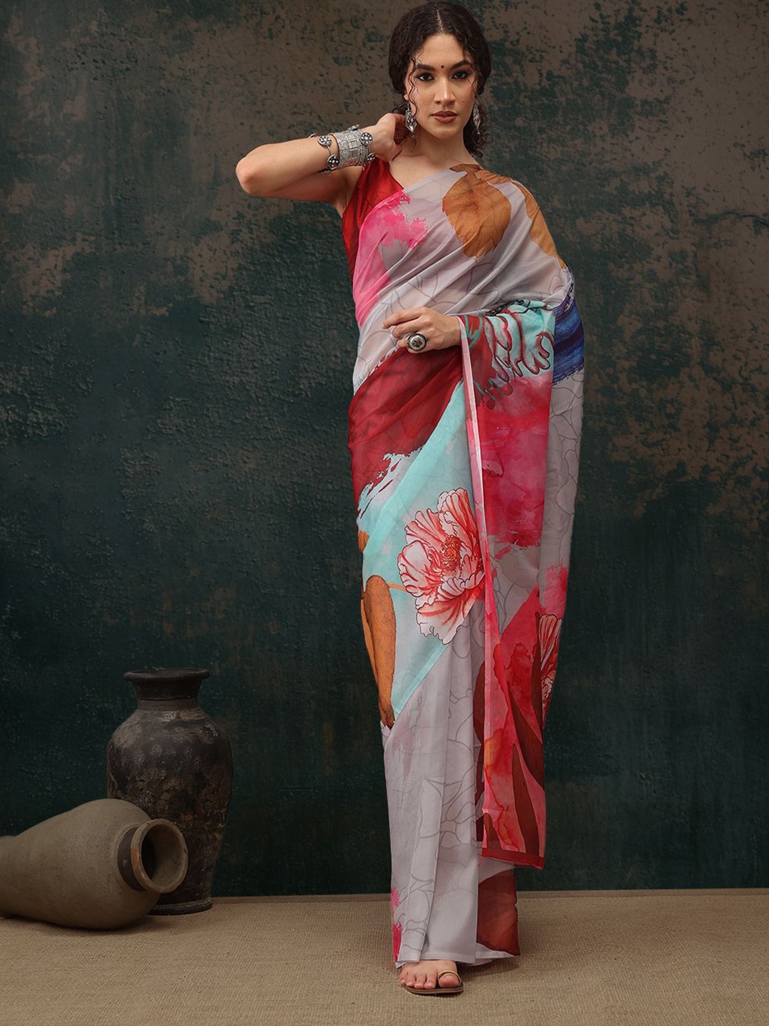 

Silk Land Floral Digital Print Saree, Blue