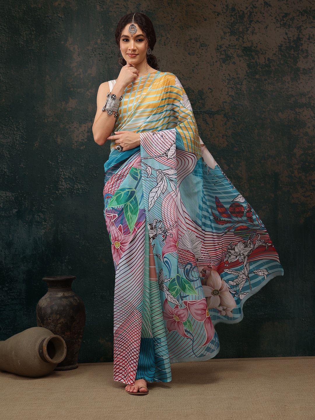 

Silk Land Printed Saree With Blouse Piece, Blue