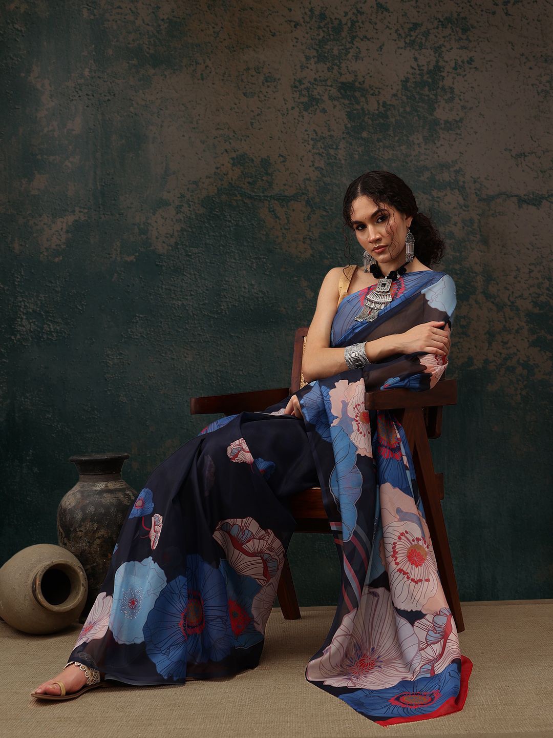 

Silk Land Chanderi Digital Print Saree, Navy blue