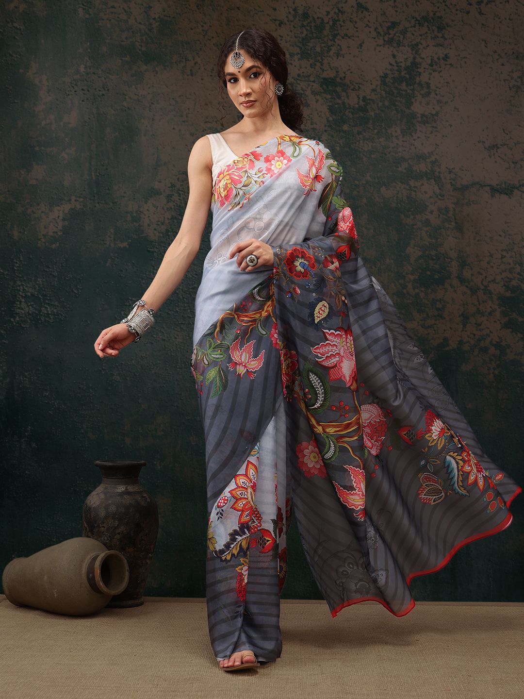 

Silk Land Floral Saree, Blue